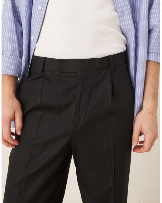 ASOS Black Smart Relaxed Tapered Fit Linen Blend Pants With Front Pleat for men