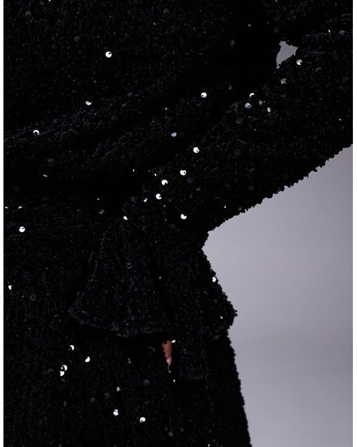 ASOS Black Sequin Velvet Drape Front Mini Dress With exaggerated Shoulders