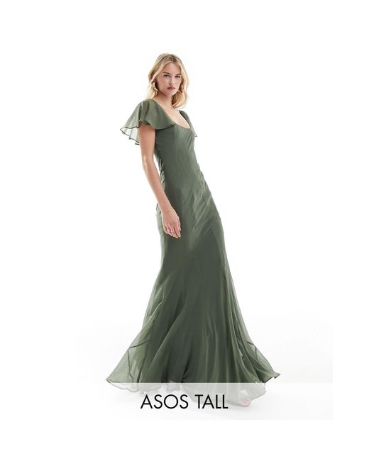 ASOS Green Asos Design Tall Flutter Sleeve Scoop Neck Bias Panelled Maxi Dress