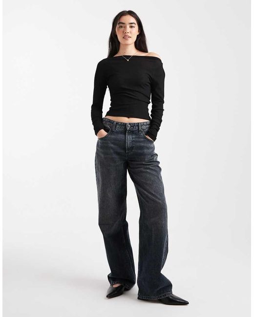 ASOS Black Textured Mesh Slash Neck Long Sleeve Top