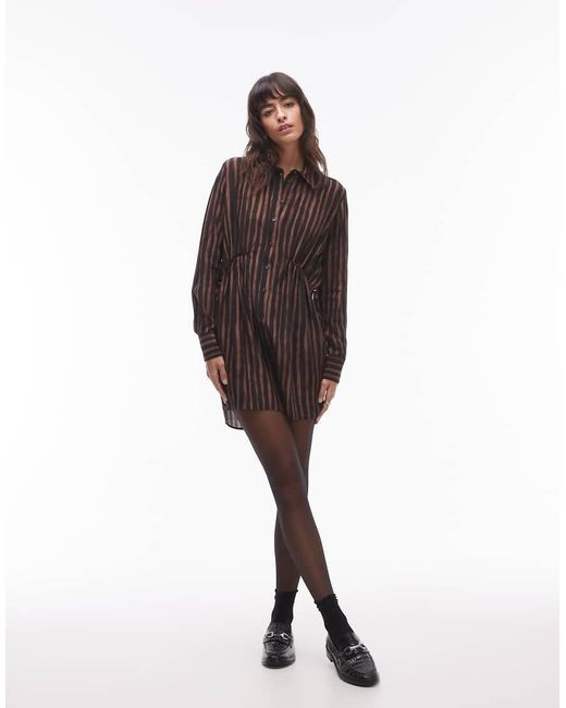 TOPSHOP Gestreepte Mini Overhemdjurk Met Gerimpelde Zijkant in het Brown