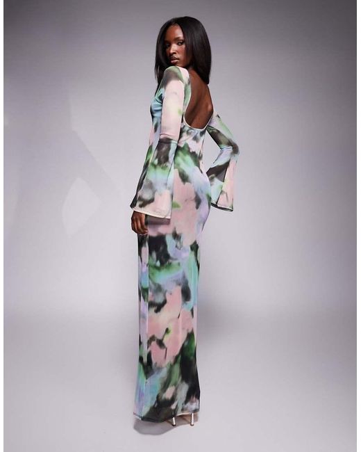 ASOS White Low Back Floral Mesh Maxi Dress With Angel Sleeves