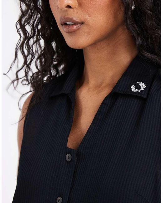 Fred Perry Black Sheer Stripe Sleeveless Mini Dress