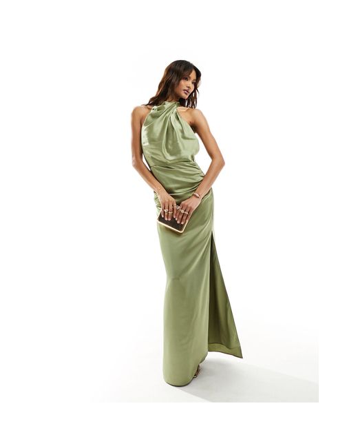 Jarlo Green High Neck Satin Maxi Dress With Open Back