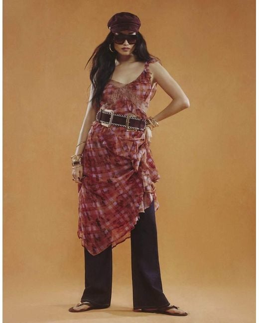 River Island Brown Check Asymmetric Midi Dress