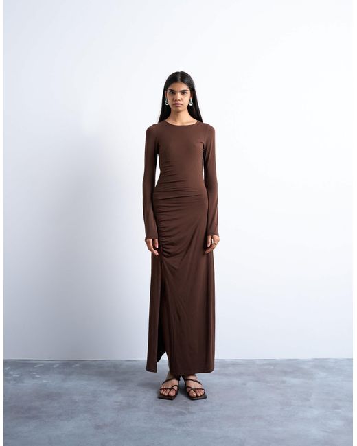 TOPSHOP Brown Long Sleeve Ruched Maxi Dress