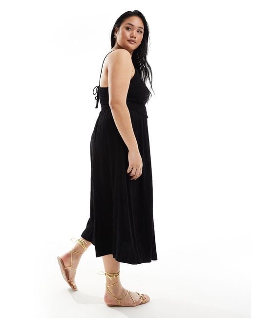 ASOS Black Asos Design Curve Crinkle Cami Shirred Bodice Full Skirt Midi Dress