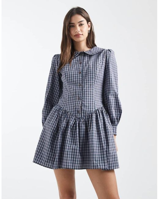 Daisy Street Blue Drop Waist Fitted Mini Dress With Statement Collar