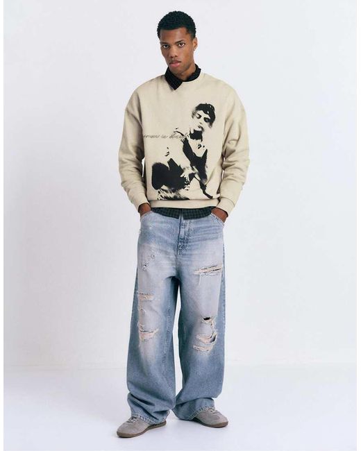 Pull&Bear Natural Graphic Round Neck Sweatshirt for men