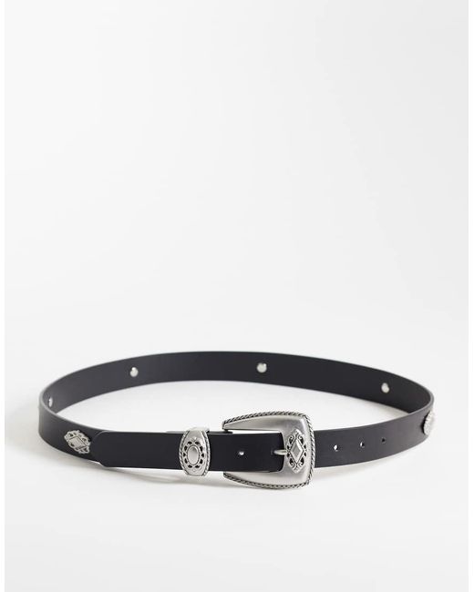 ASOS Black Floral Studded Faux Leather Belt With Silver Buckle for men
