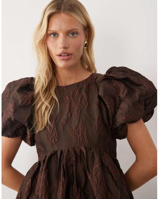 Sister Jane Brown Harmonia Exclusive Jacquard Puff Sleeve Midi Dress