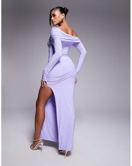 Missy Empire Purple Double Sculpted Slinky Asymmetric Fold Over Shoulder Drape Detail Bodycon Maxi Dress