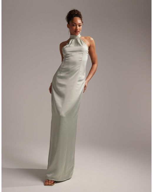 ASOS Gray Bridesmaids Lace Detail Halter Column Maxi Dress