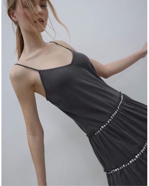 Stradivarius Gray Ruffled Dress With Studs