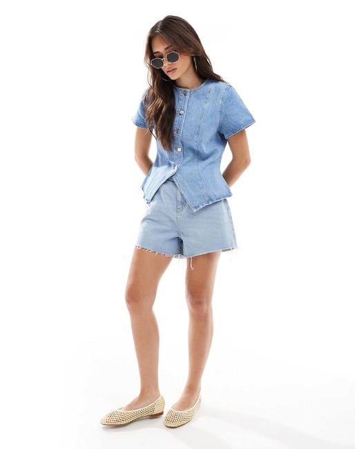 ASOS Blue Denim Button Up Short Sleeve Top