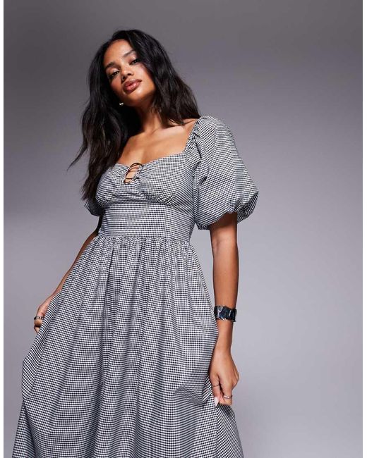 River Island Midi Jurk Met Pofmouwen, Afwerking En Gingham Ruit in het Gray