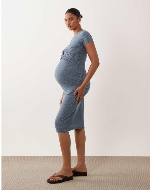 Mama.licious Blue Mamalicious Maternity Short Sleeve Knot Front Midi Dress With Nursing Function