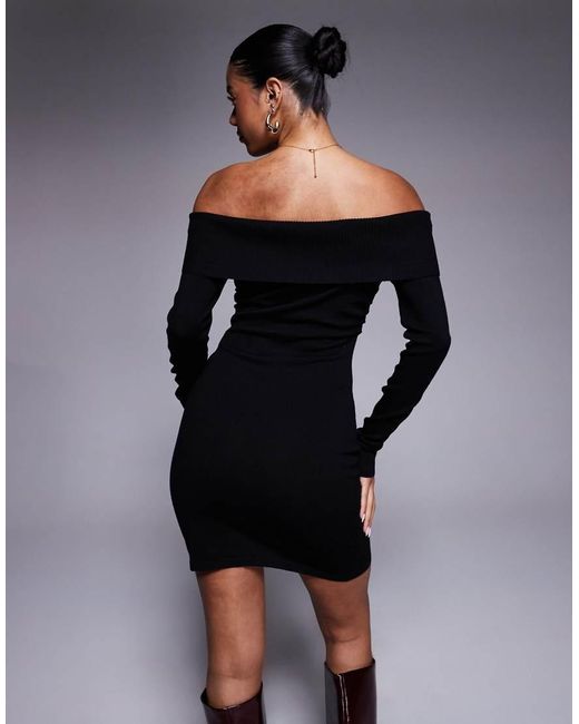 Kaiia Black Exclusive Ribbed Bardot Knitted Side Split Mini Dress