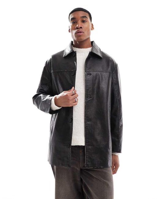 Bershka Black Faux Leather Long Cut Jacket for men