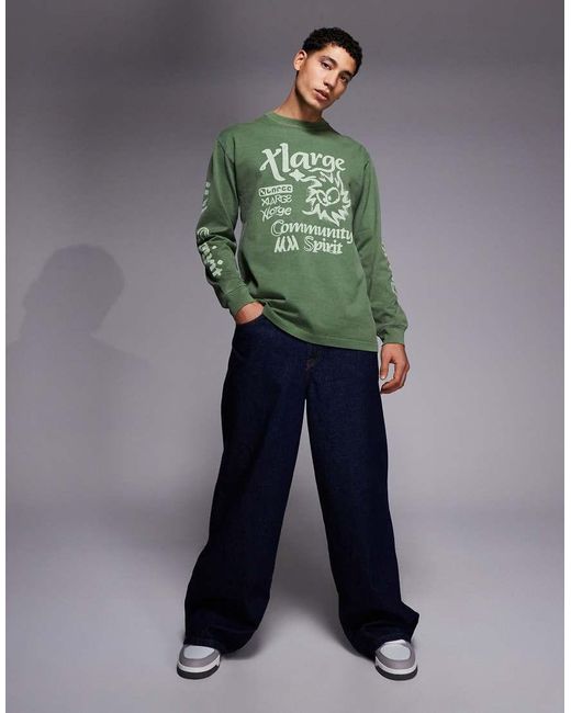 Xlarge Green Long Sleeve Graphic Logo Pigment Dyed T-shirt for men