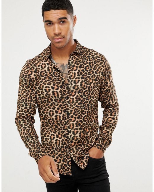 ASOS Brown Skinny Fit Leopard Print Shirt for men