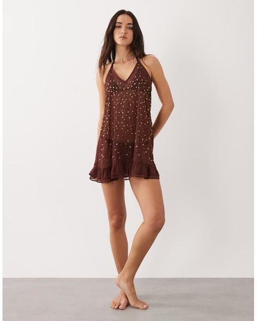 Miss Selfridge Brown Beach Chiffon Halterneck Mini Dress With Embellishment