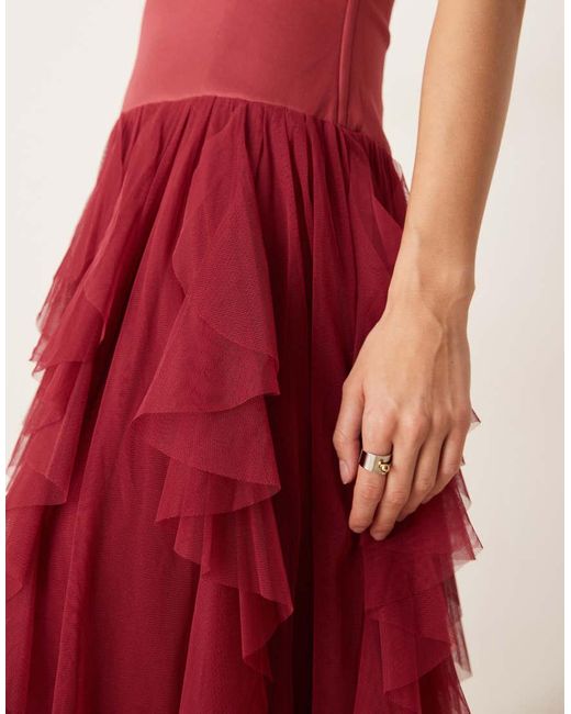 LACE & BEADS Red Bandeau Tulle Ruffle Detail Maxi Dress