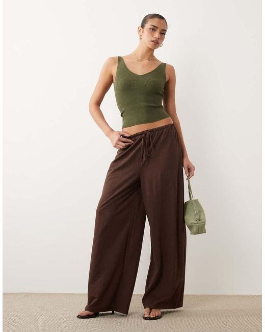 ASOS Brown Co-Ord Linen Look Tie Waist Wide Leg Trousers