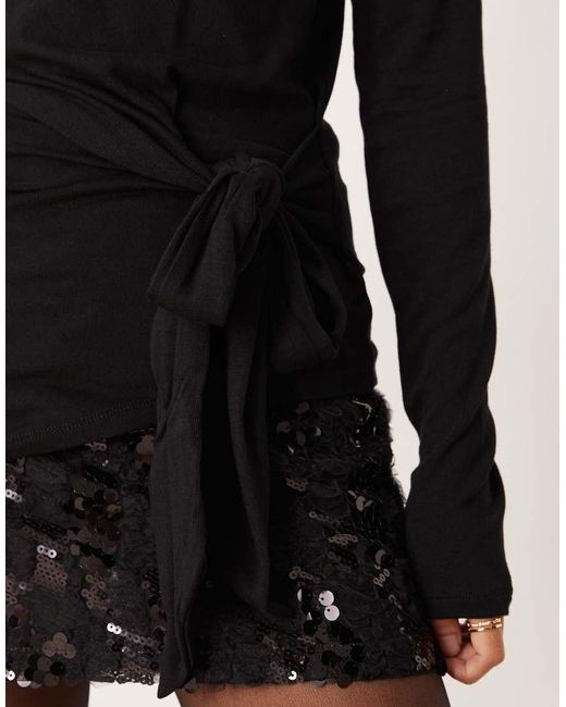 Gina Tricot Black Long Sleeve Asymmetric Tie Front Top
