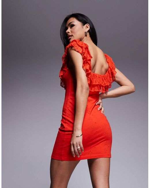 ASOS Red Broderie Lace Square Ruffle Neck Mini Dress