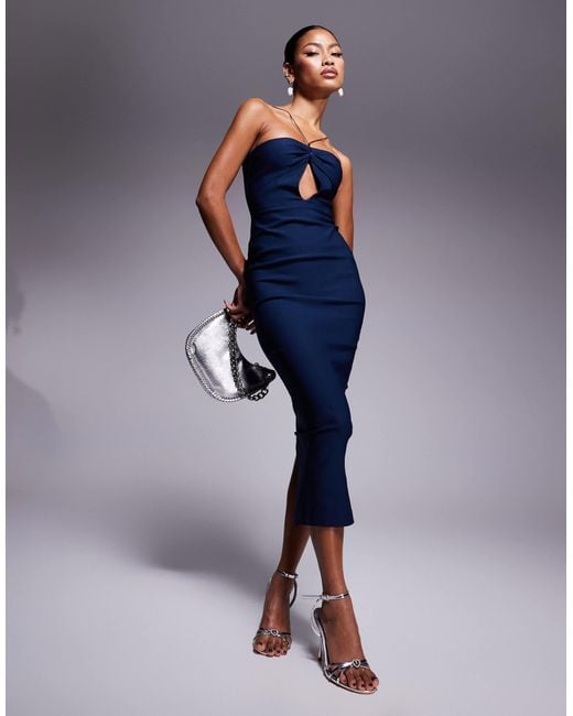 Vesper Blue Bengaline Halterneck Keyhole Detail Midaxi Dress