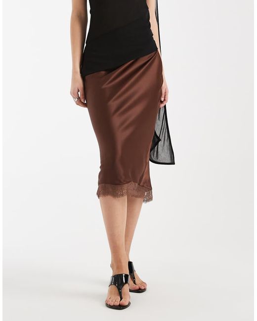 New Look Natural Mid Length Lace Trim Satin Skirt