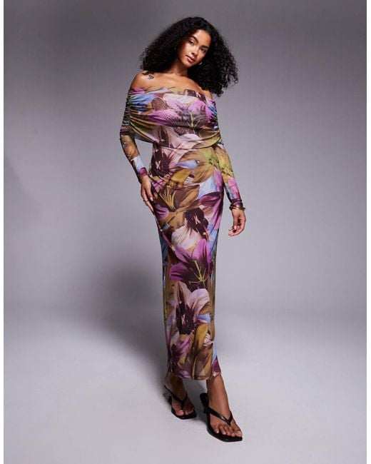 ASOS Purple – langärmliges midikleid mit carmen-ausschnitt und dunklem blumenmuster