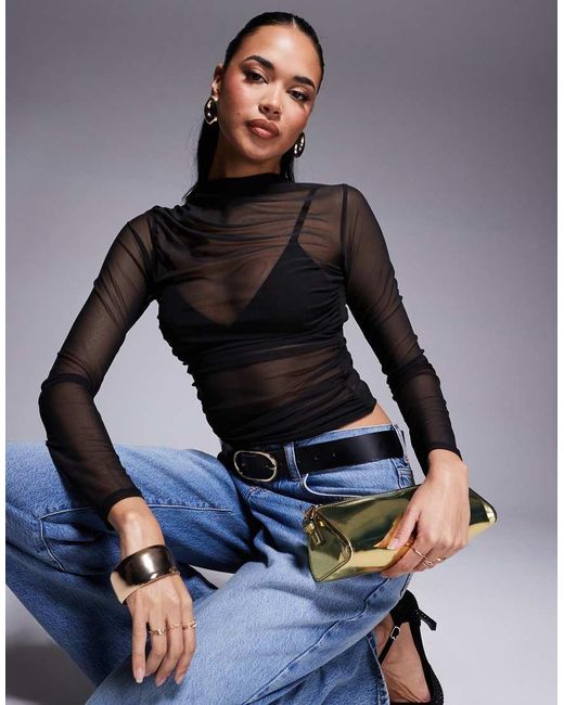 ASOS Top Van Mesh Met Lange Mouwen En Gerimpelde Zijkant in het Blue