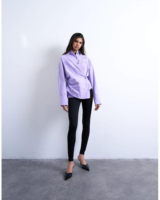 TOPSHOP Purple Asymmetric Placket Waisted Long Sleeve Cinched Shirt