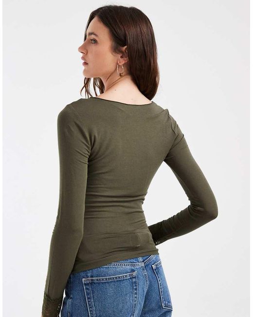 Vero Moda Brown V-neck Long Sleeve T-shirt With Lace Trim