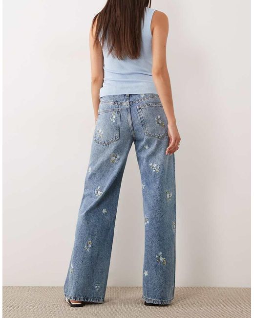 Mango Blue Beverly Cotton Mix Straight Jean With Floral Embroidery