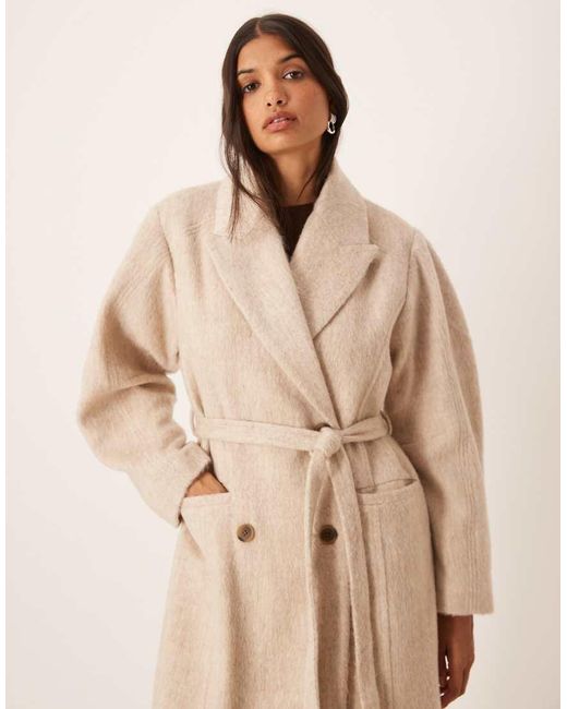 ASOS Natural Brushed Coat With Dome Sleeve And Skinny Belt