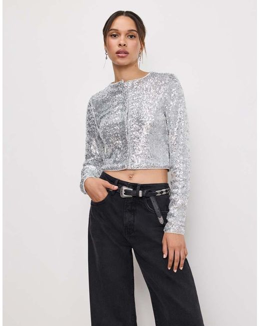 GOOD AMERICAN White Sequin Embellished Cardigan
