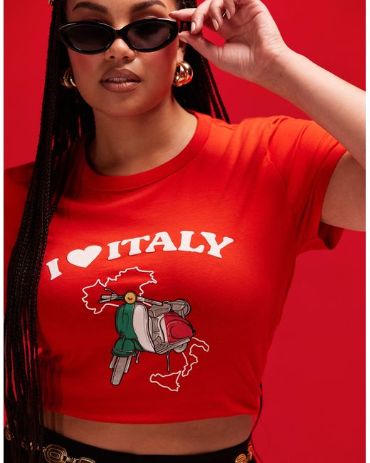 Camiseta roja con diseño encogido y estampado gráfico "i heart italy" ASOS de color Red