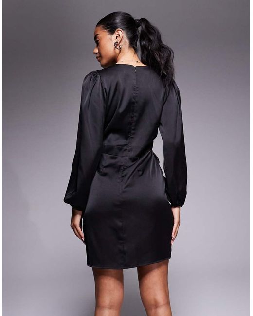 Vesper Black Plunge Neck Long Sleeve Satin Mini Dress