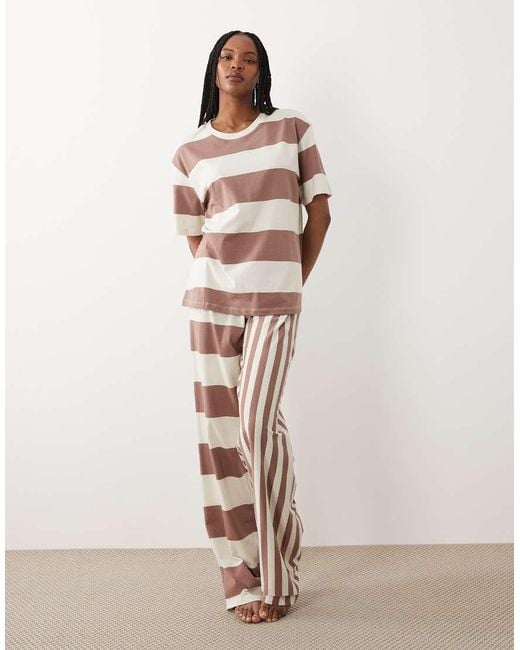 ASOS Brown Asos Design Tall Multiway Stripe Oversized Short Sleeve Tee And Wide Leg Trouser Pyjama Set