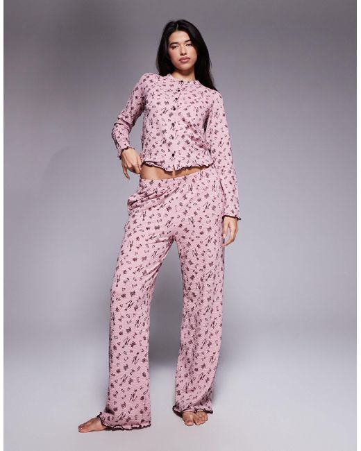 Threadbare Pink Long Sleeve Button Down Ski Print Pyjamas
