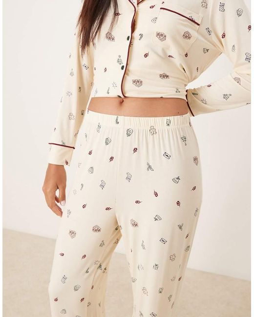 ASOS Natural Super Soft Long Sleeve Shirt & Trouser Pyjama Set With Contrast Piping