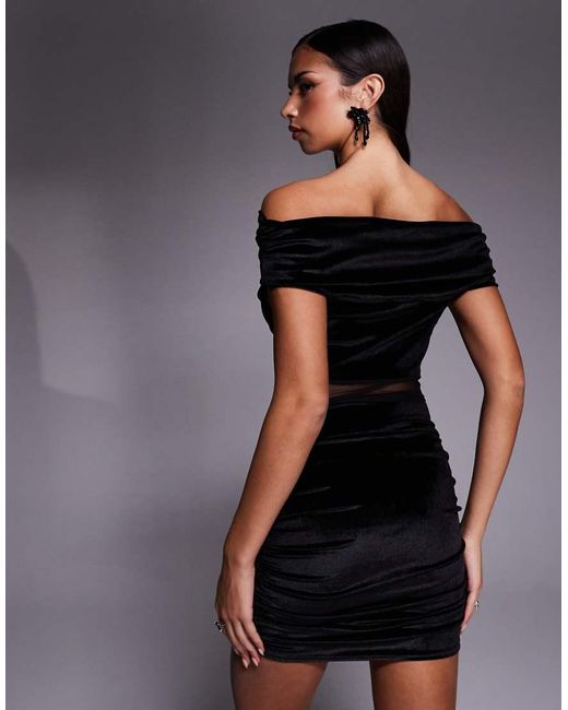 Kaiia Blue Exclusive Velvet Bardot Mesh Insert Ruched Skirt Detail Mini Dress