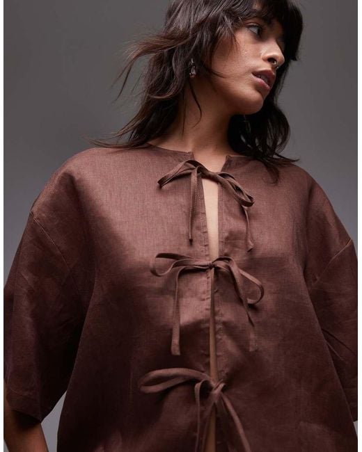 Vrg Grl Brown Naomi Linen Tie-detail Smock Top