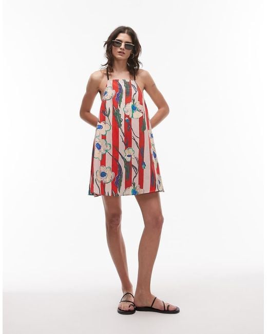 TOPSHOP White Beaded Strap Printed Flippy Mini Dress