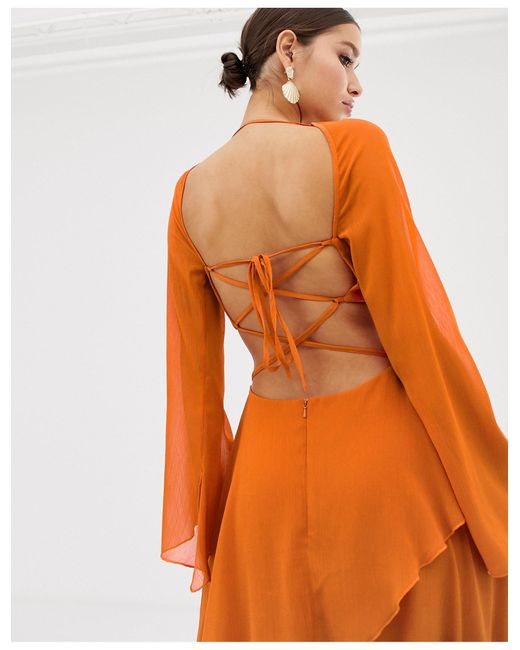 ASOS Maxi Dress With Long Sleeve And Circle Trim Detail in Orange | Lyst  Australia