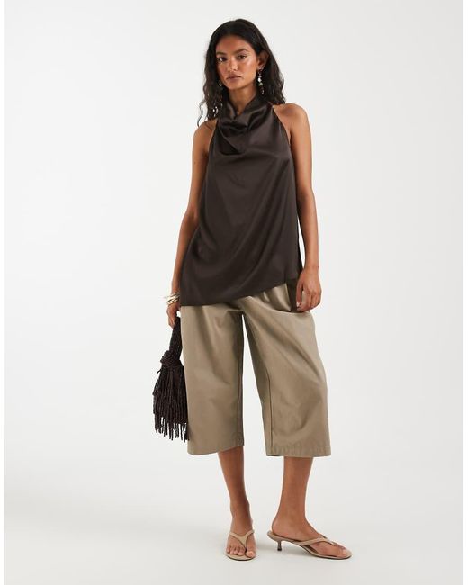 Pieces Brown Halter Neck Satin Asymmetric Hem Top