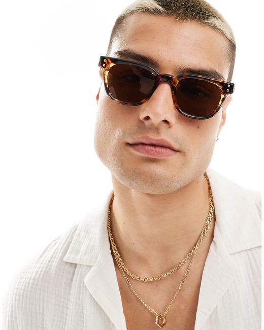 ASOS Brown Square Sunglasses With Silver Pips for men